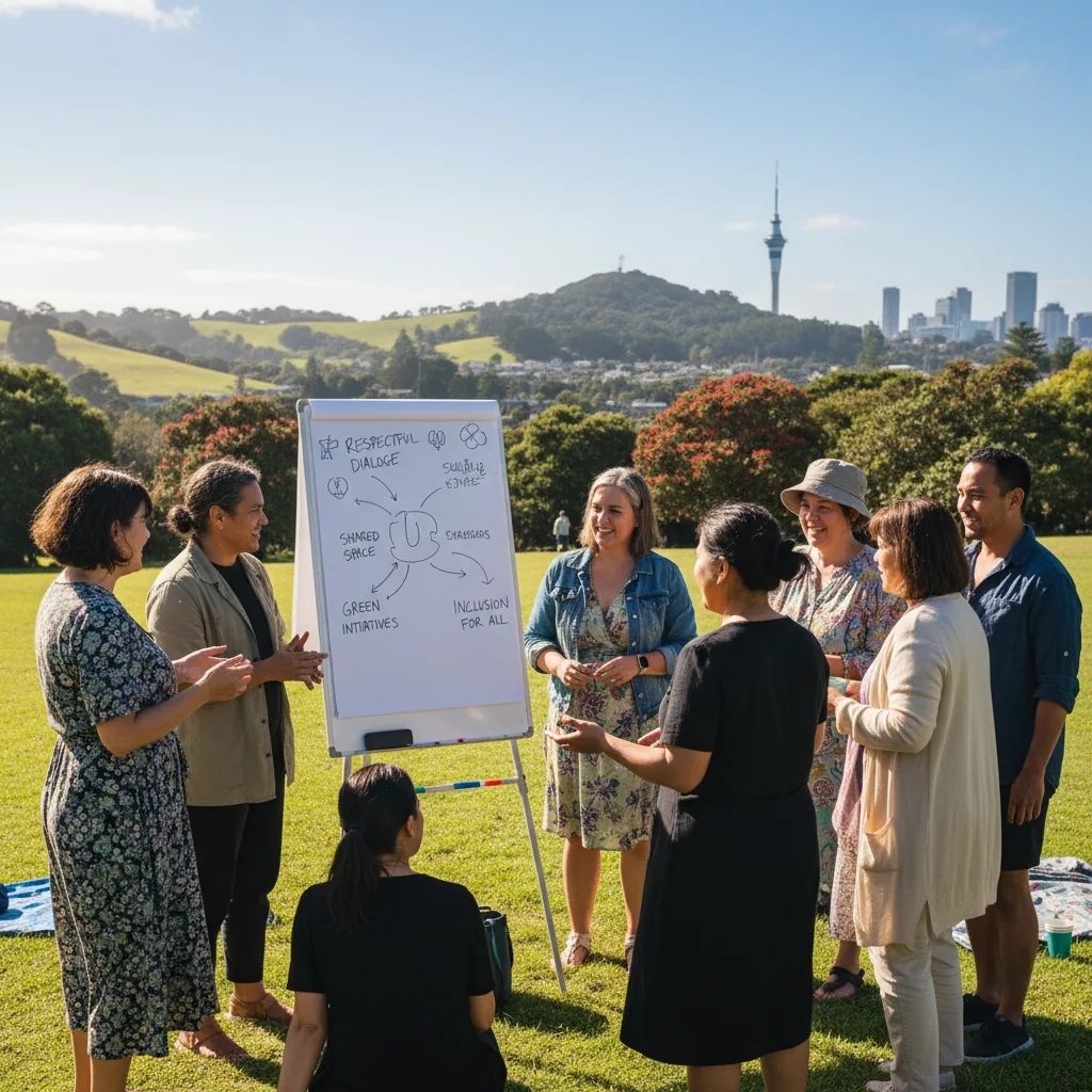 A photorealistic image of diverse adults in a modern New Zealand setting, such as a community meeting in a park or town hall, discussing guidelines with positive expressions, symbolizing compliance and community harmony. No children are present.