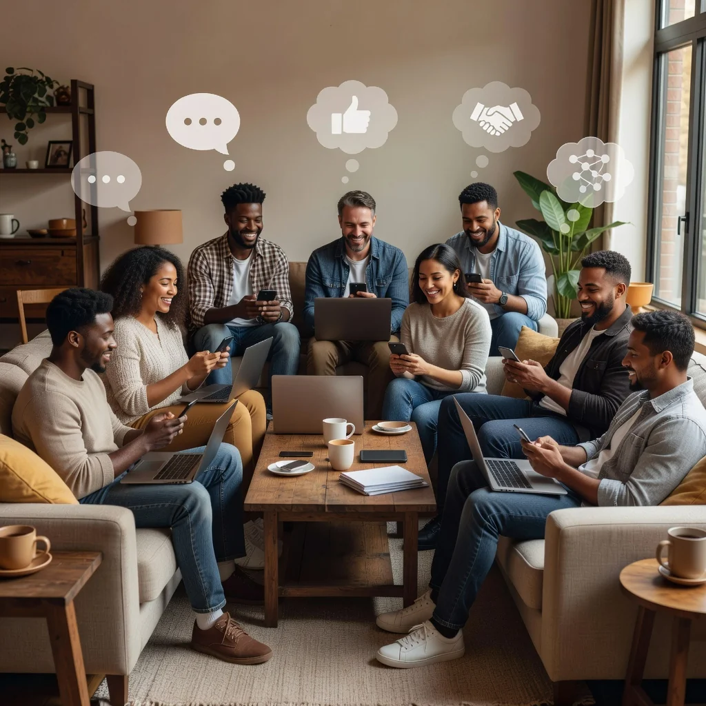 A photorealistic image depicting a diverse group of adults engaged in a positive online community discussion on digital devices in a modern American setting, symbolizing the implementation of community guidelines for safe and respectful online interactions.