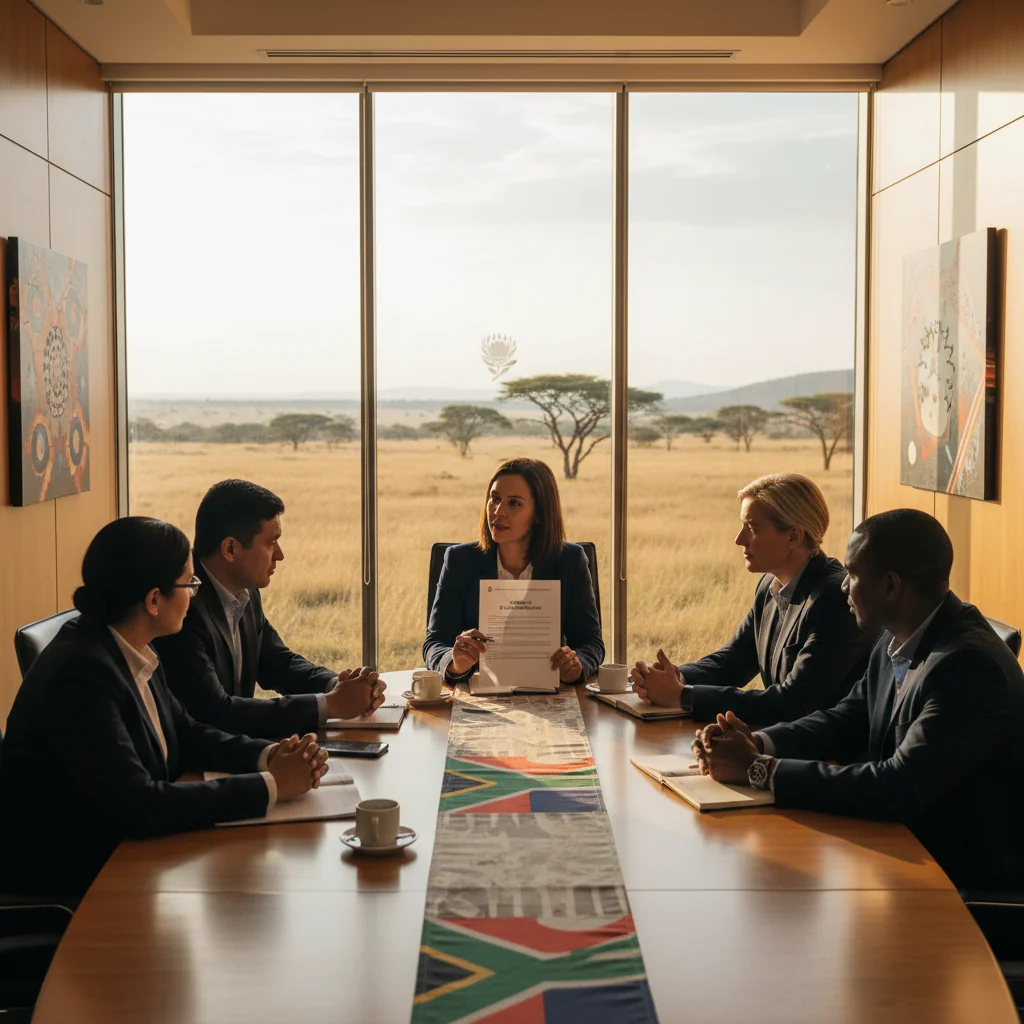 A photorealistic image of a diverse group of professional adults in a modern South African office setting, engaged in a collaborative meeting discussing ethical guidelines, symbolizing integrity, fairness, and compliance in business conduct, with elements like a South African flag or landscape in the background, no children present.