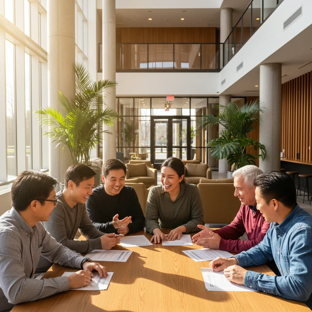 A photorealistic image of a diverse group of adult residents in a modern apartment building community space, engaged in a friendly discussion about building rules, with subtle elements like a bulletin board or shared amenities in the background, emphasizing harmony and cooperation in a residential setting. No children are present.