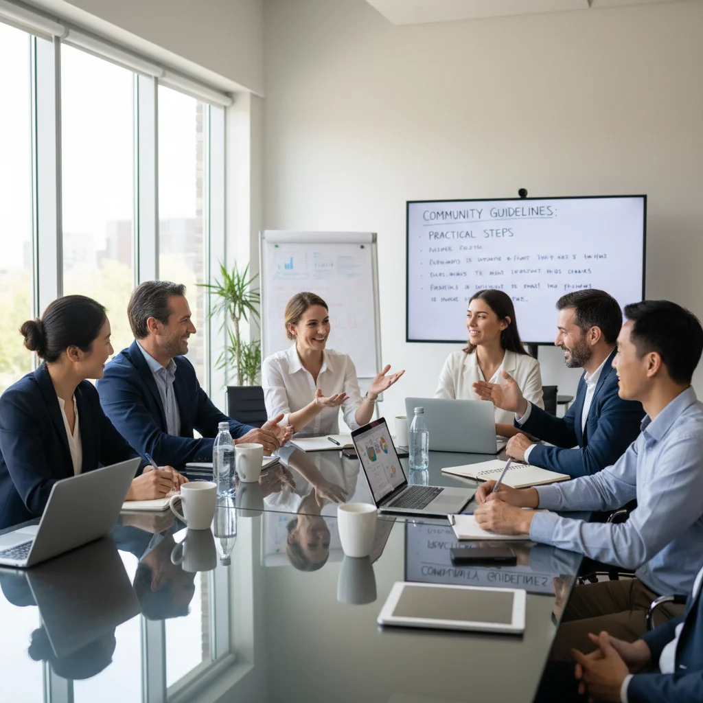 A photorealistic image of diverse adults in a modern office setting, engaged in collaborative discussion around a table with notes and laptops, symbolizing the application of community guidelines in everyday professional life. The atmosphere is positive and inclusive, with natural lighting and realistic details.