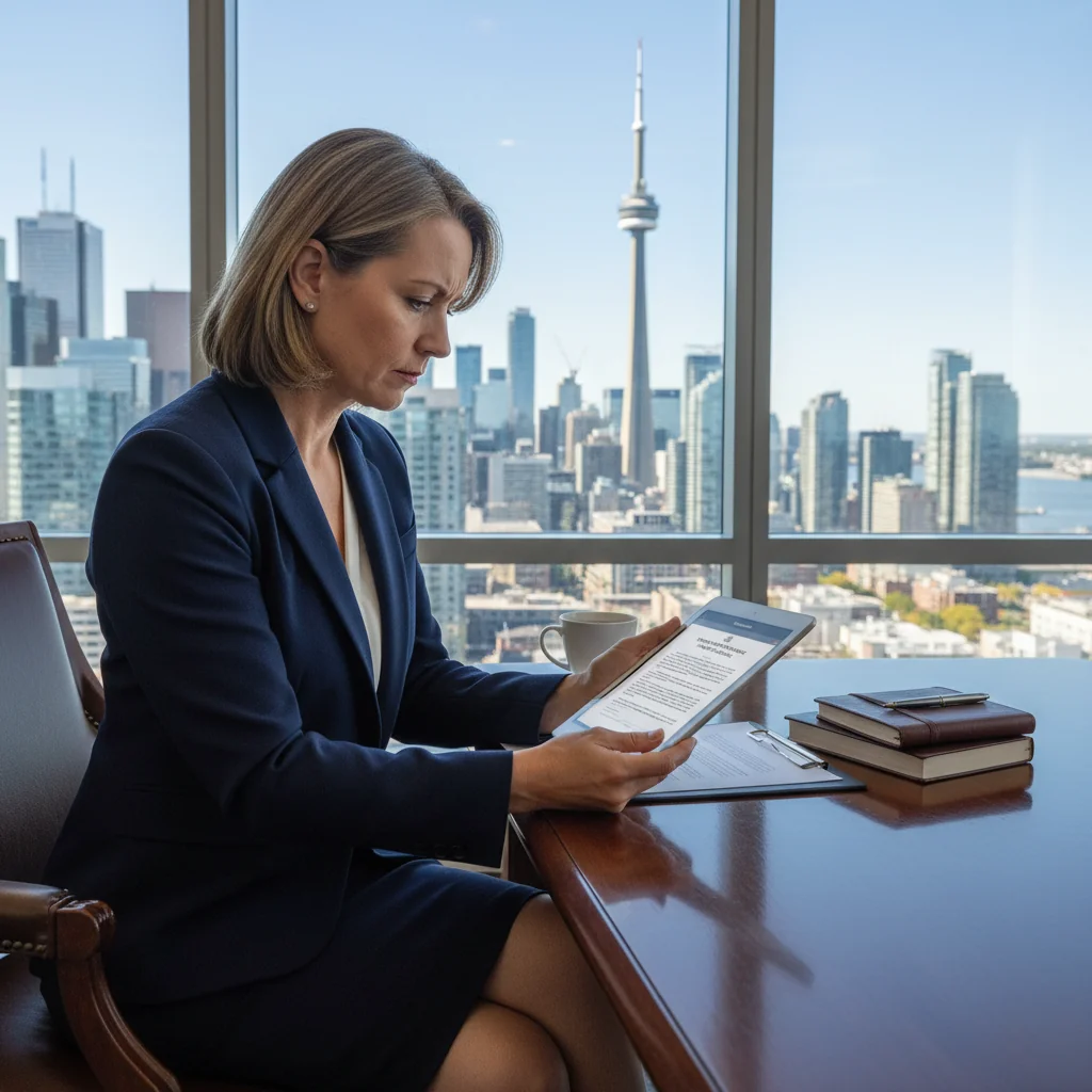 A photorealistic image depicting a professional adult individual in a modern office setting in Canada, thoughtfully reviewing a legal document on a tablet, with subtle Canadian elements like a maple leaf in the background, symbolizing understanding terms of service agreements. The focus is on the purpose of trust and comprehension in legal agreements, without showing any children.