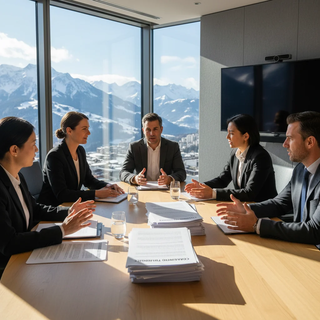 A photorealistic image depicting a diverse group of adults in a professional meeting room in Switzerland, discussing and reviewing community guidelines documents on a table, with Swiss Alps visible through the window, symbolizing collaboration and policy-making in a Swiss context. No children present.