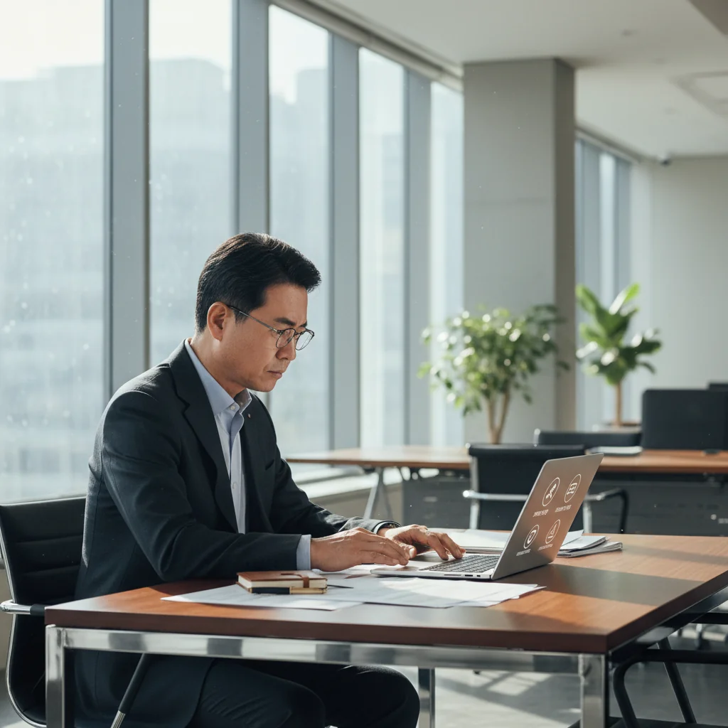 A photorealistic image depicting a determined adult professional in a modern office setting, reviewing legal documents on a computer screen related to community guidelines and Korean law, symbolizing legal responses to violations, with no children present.