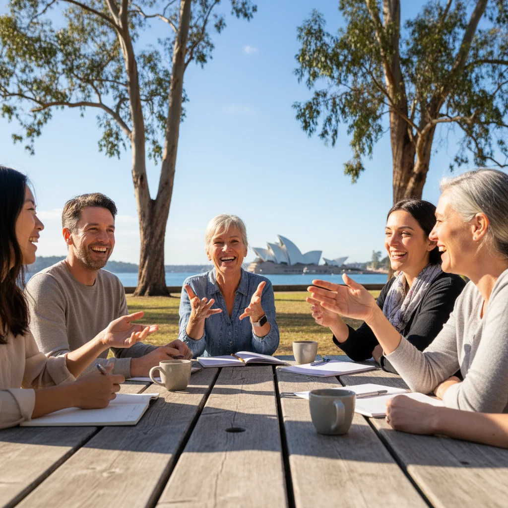 A photorealistic image depicting a diverse group of Australian adults engaged in a community meeting, symbolizing updates to community guidelines. The scene shows people of various ages (all adults over 18) discussing ideas around a table in a sunny outdoor park setting with Australian landmarks like eucalyptus trees in the background, representing unity and positive community interaction.