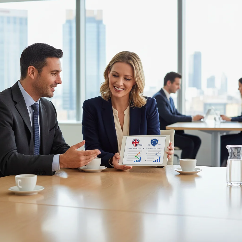 A photorealistic image depicting two adult professionals in a modern office setting, one representing the UK with a Union Jack flag subtly in the background, and the other representing the EU with European Union symbols, shaking hands over a digital tablet displaying regulatory icons, symbolizing differences and agreements in terms of service regulations.
