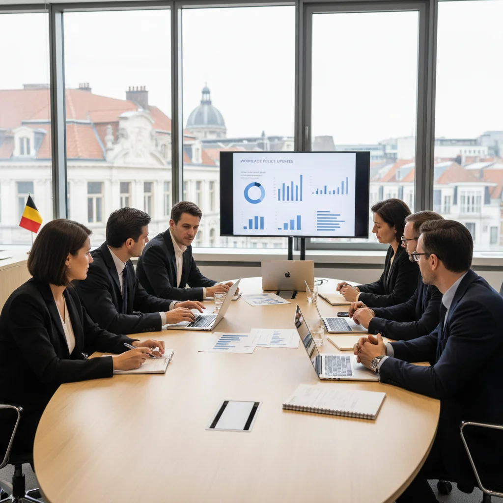 A photorealistic image of a professional business meeting in a modern Belgian office, where a diverse group of adult employees is discussing workplace rules and policies around a conference table, with subtle Belgian elements like a flag or Brussels skyline in the background, conveying a sense of order, compliance, and collaboration in a corporate setting.