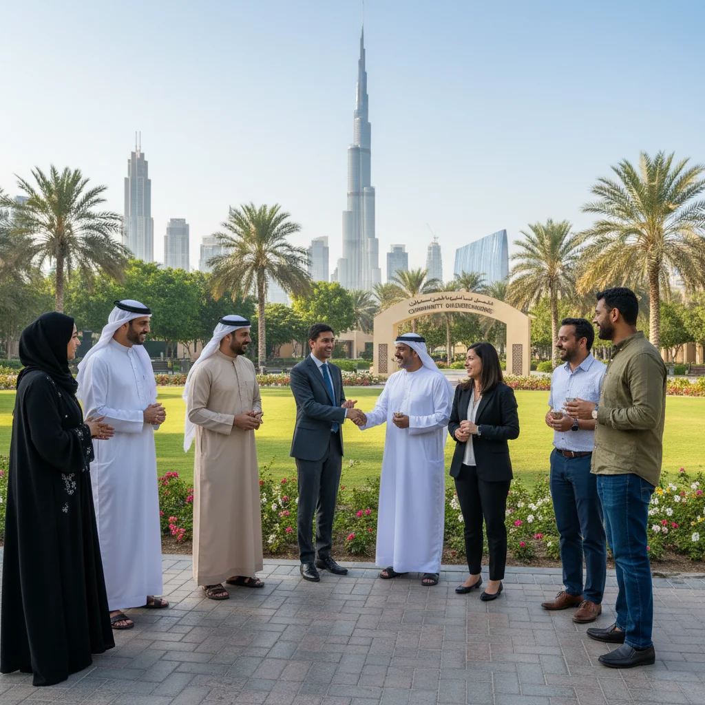 A photorealistic image depicting a diverse group of adults from the UAE community engaging in a harmonious social gathering in a modern Dubai park, symbolizing understanding and adherence to community guidelines, with elements like people discussing respectfully under the Burj Khalifa in the background, no children present.