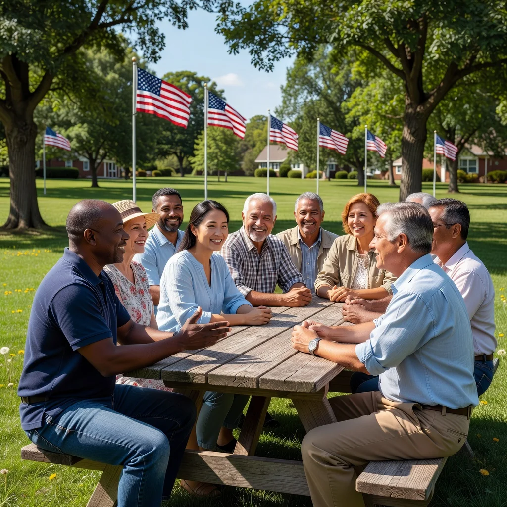 A photorealistic image depicting a diverse group of adults in a vibrant US community setting, engaged in collaborative activities like a neighborhood meeting or volunteer event, symbolizing effective community guidelines and unity.