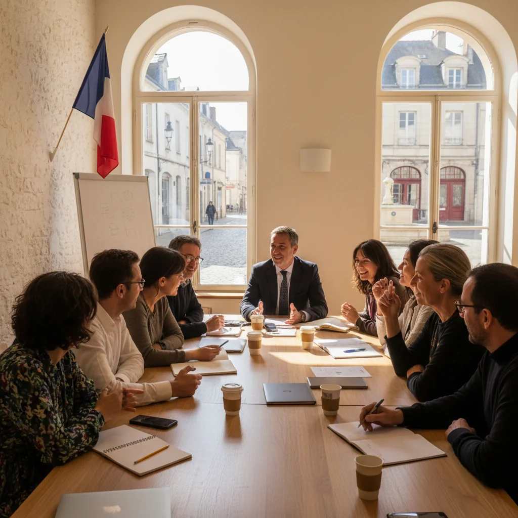 A photorealistic image depicting a diverse group of adults in a modern French community center, engaged in collaborative discussion around a table, symbolizing community guidelines and unity, with subtle French elements like a flag in the background, no children present.