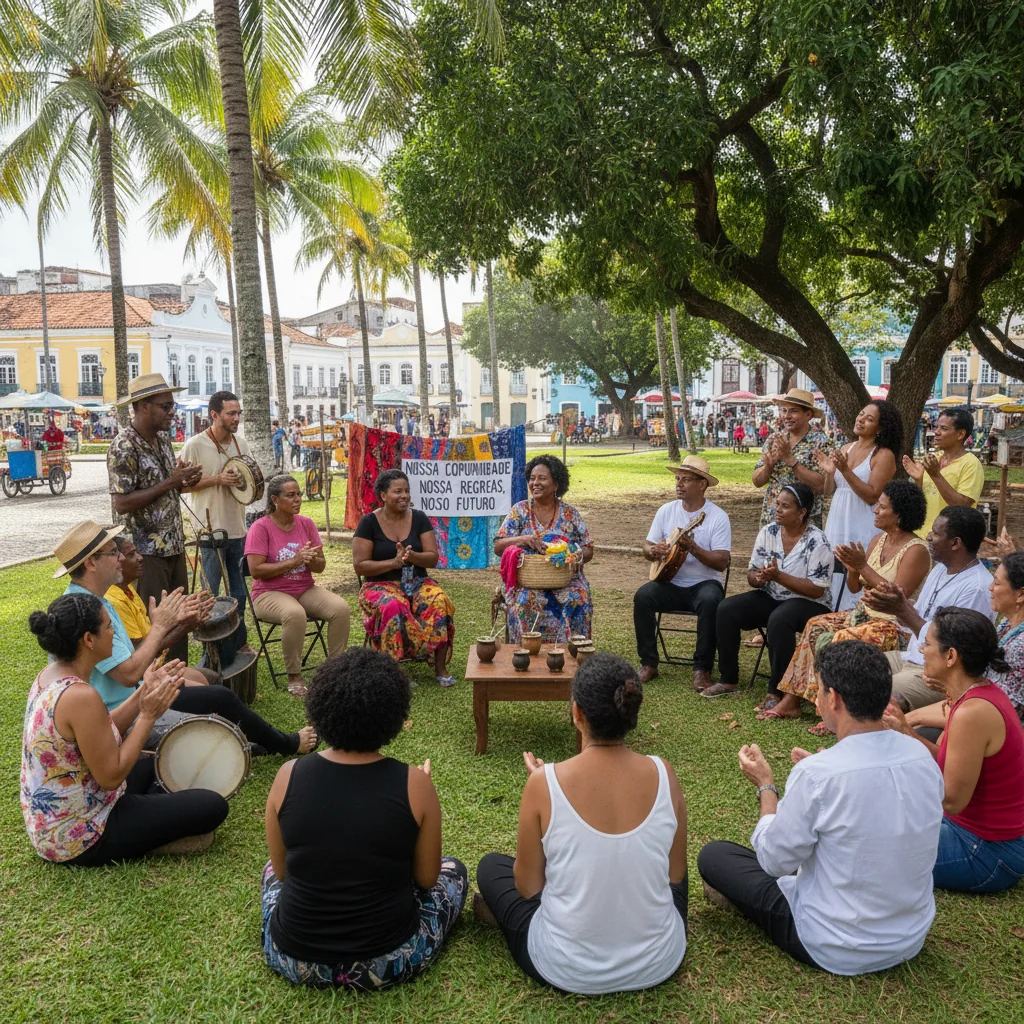 A photorealistic image representing community norms and their importance in Brazil, showing a diverse group of Brazilian adults in a vibrant urban community setting, engaging in a positive social interaction like a neighborhood meeting or cultural event, symbolizing unity and social guidelines without any focus on documents.