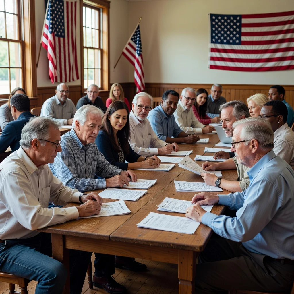 A photorealistic image depicting a diverse group of adults in a community meeting, discussing guidelines with engaged expressions, symbolizing understanding and collaboration in U.S. communities. The scene shows people of various ages (all adults over 18), ethnicities, sitting around a table in a public hall, with American flags in the background, conveying unity and civic responsibility. No children are present in the image.