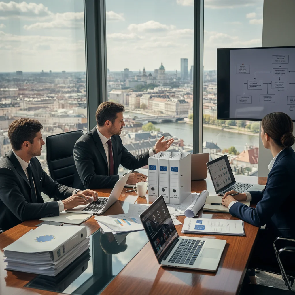 A photorealistic image depicting a professional legal meeting in a modern conference room, where a diverse group of adult business professionals, including lawyers and executives, are discussing EU community directives documents. They are seated around a table with laptops and legal papers, symbolizing the legal significance and collaborative interpretation of these guidelines. The atmosphere is serious and focused, emphasizing compliance and international law without showing any children or actual document text.