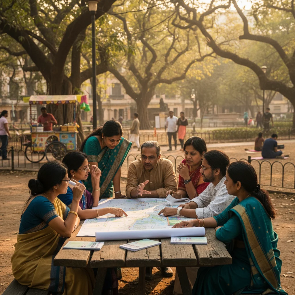 A photorealistic image depicting a diverse group of adults from Indian communities gathered in a public park in India, engaging in a collaborative discussion around a table with maps and plans, symbolizing community guidelines and local development, vibrant Indian urban setting with cultural elements like traditional attire and landmarks in the background, conveying unity, importance, and positive community impact.