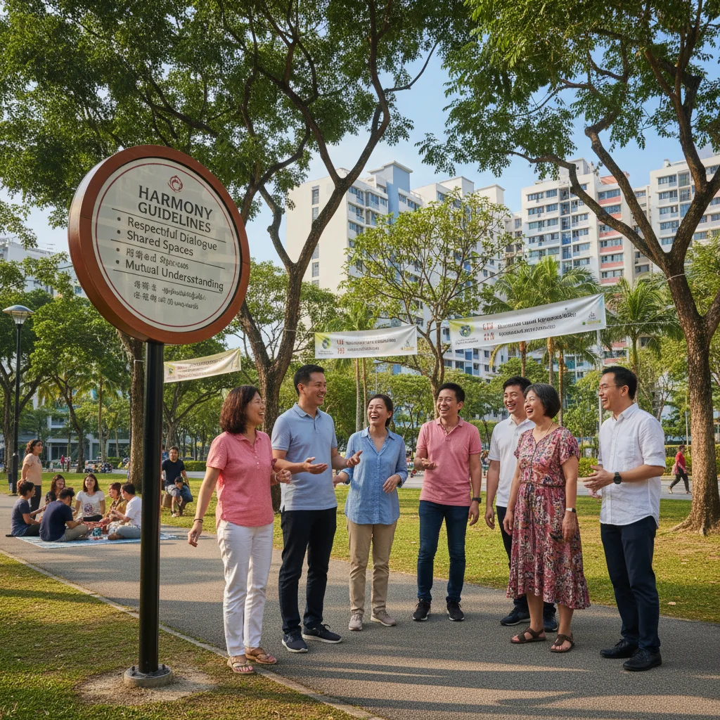 A photorealistic image depicting a diverse group of adults in a vibrant Singapore neighborhood, engaging in community activities like chatting and helping each other, symbolizing unity and adherence to community guidelines, with iconic Singapore elements like HDB blocks and greenery in the background, no children present.