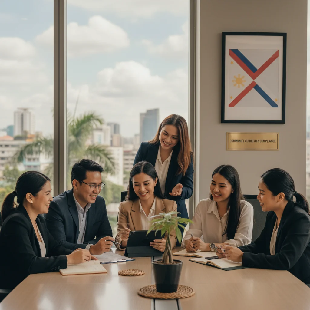 A photorealistic image depicting a diverse group of adults in a professional setting in the Philippines, such as business professionals shaking hands in a modern office with Philippine flags or cultural elements in the background, symbolizing compliance and community harmony for businesses and individuals. No children are present.