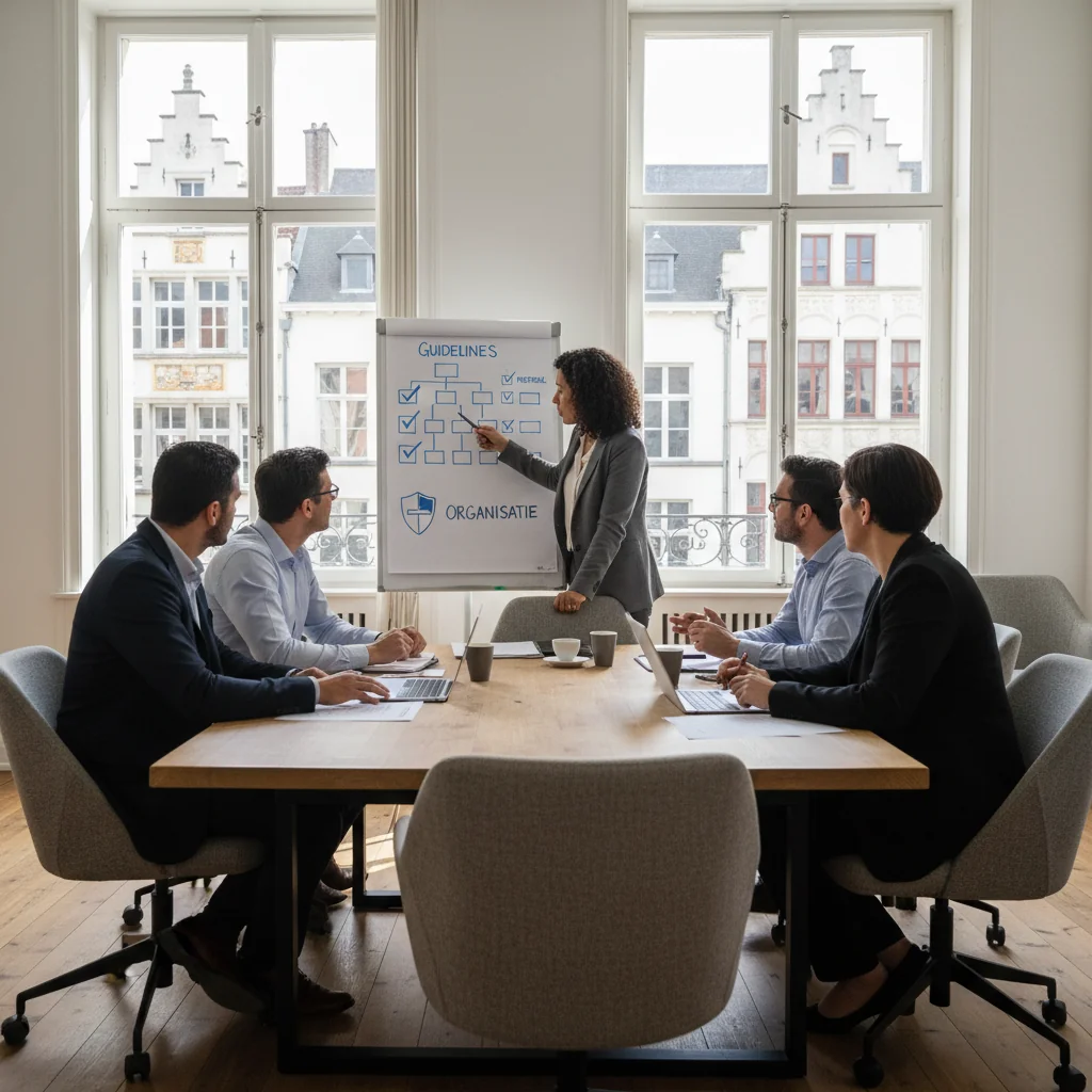 A photorealistic image depicting the concept of internal order regulations in Belgium, showing a professional office environment in a Belgian workplace with adults discussing rules and guidelines at a meeting table, evoking themes of organization, compliance, and workplace harmony, no children present.