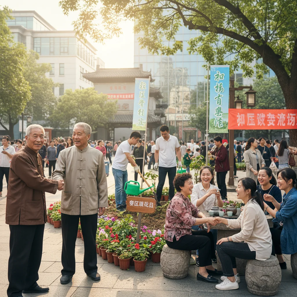 A photorealistic image depicting a diverse group of adults in a modern Chinese urban community, engaging in harmonious neighborly interactions such as sharing a meal outdoors, discussing matters amicably, and participating in a community event, symbolizing core principles of community guidelines like respect, cooperation, and inclusivity. The scene is vibrant, positive, and captures the essence of community living without any focus on documents.