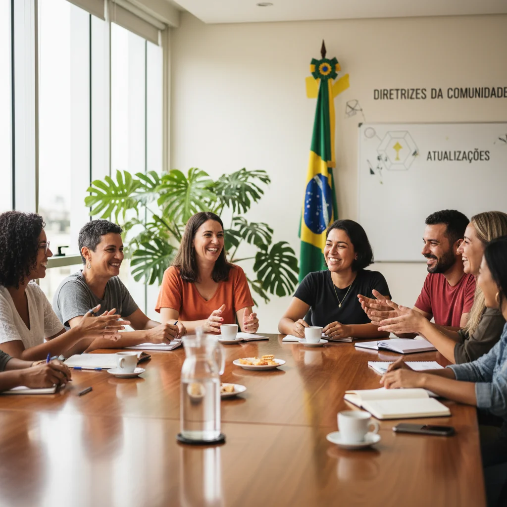 A photorealistic image representing recent updates to Brazilian community guidelines, showing a diverse group of adults in a modern community center in Brazil, engaged in a positive discussion around a table with Brazilian flags and cultural elements in the background, symbolizing community harmony and legal compliance.