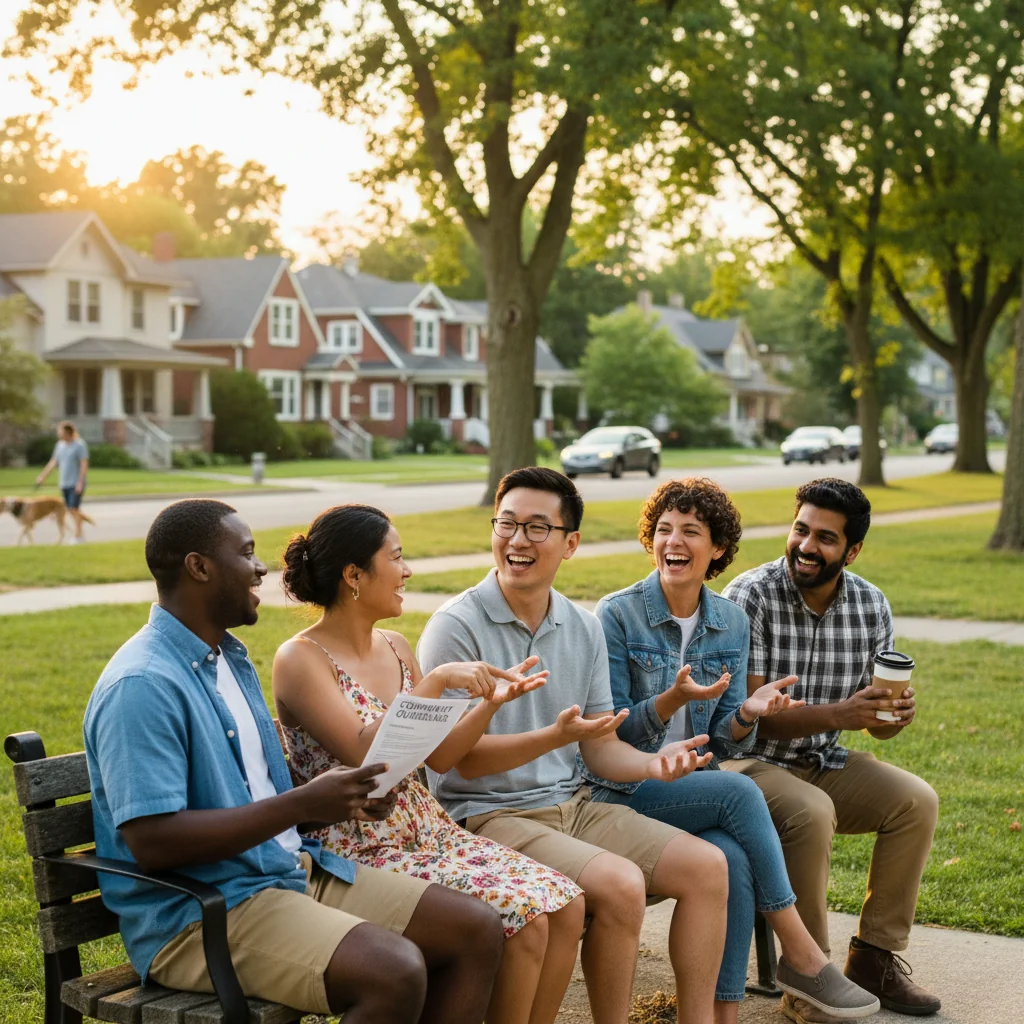 A photorealistic image depicting a diverse group of adult neighbors in a friendly community setting, engaging in a casual discussion about neighborhood rules to promote harmonious living, with elements like a park bench, residential houses in the background, and people smiling and interacting positively, no children present.