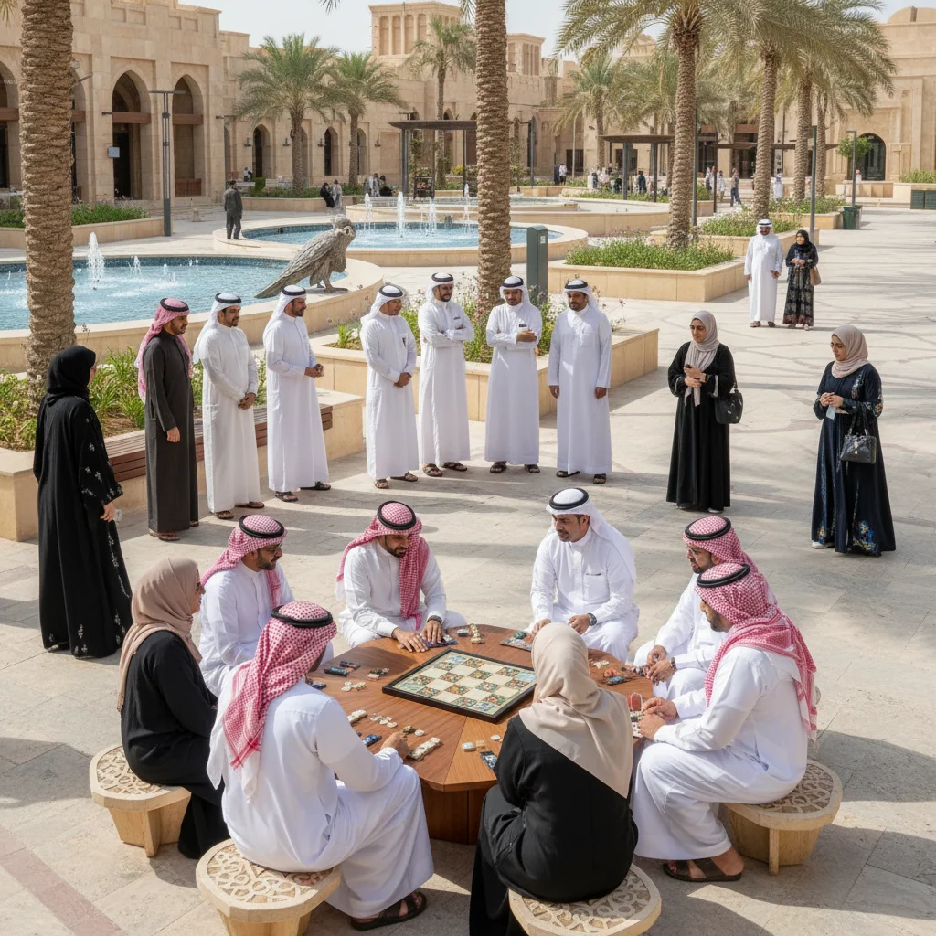 A photorealistic image depicting a diverse group of adults in a modern Saudi Arabian community setting, such as a public park or cultural center in Riyadh, engaging in respectful and harmonious social interactions, symbolizing the understanding and importance of community guidelines. The scene includes people of various ages (all adults, no children), wearing traditional and modern attire, discussing or reading informational materials together under a clear blue sky with subtle Saudi landmarks in the background, conveying unity, education, and cultural respect.