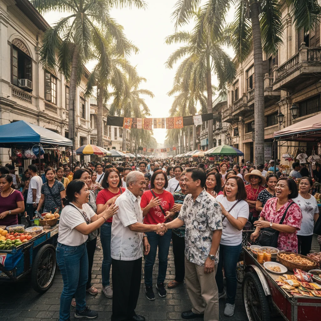 A photorealistic scene depicting diverse adults in a modern Philippine urban setting, such as a bustling city street in Manila, where people are engaging in positive community interactions like greeting neighbors or participating in a local event, symbolizing adherence to community guidelines and harmony in society. No children are present in the image.