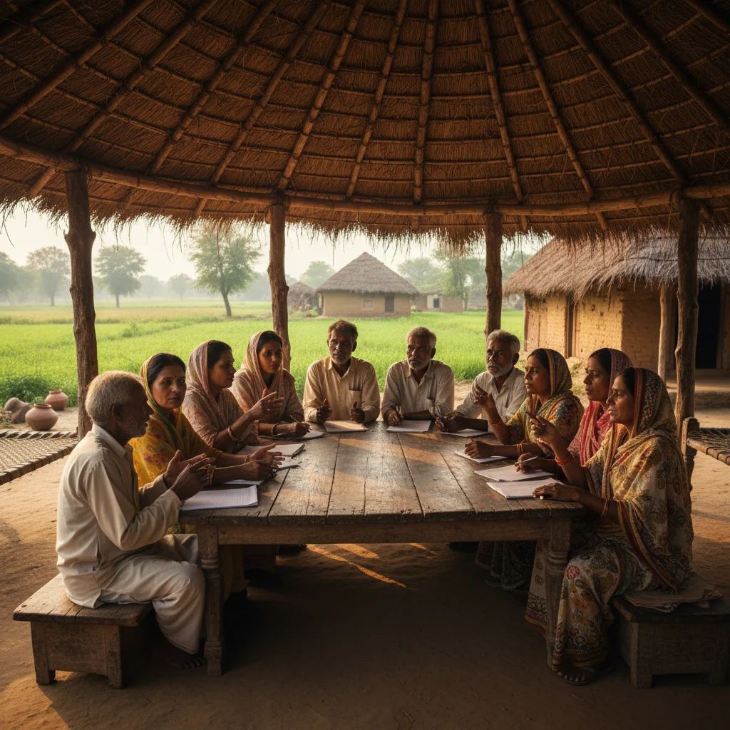 A photorealistic image depicting a diverse group of adult Indian community members engaged in a collaborative discussion around a table in a rural village setting, symbolizing the process of preparing community guidelines in India. The scene includes adults of various ages, with notebooks and charts on the table, but no actual documents are shown. The atmosphere is inclusive and purposeful, under a clear blue sky with traditional Indian architecture in the background.