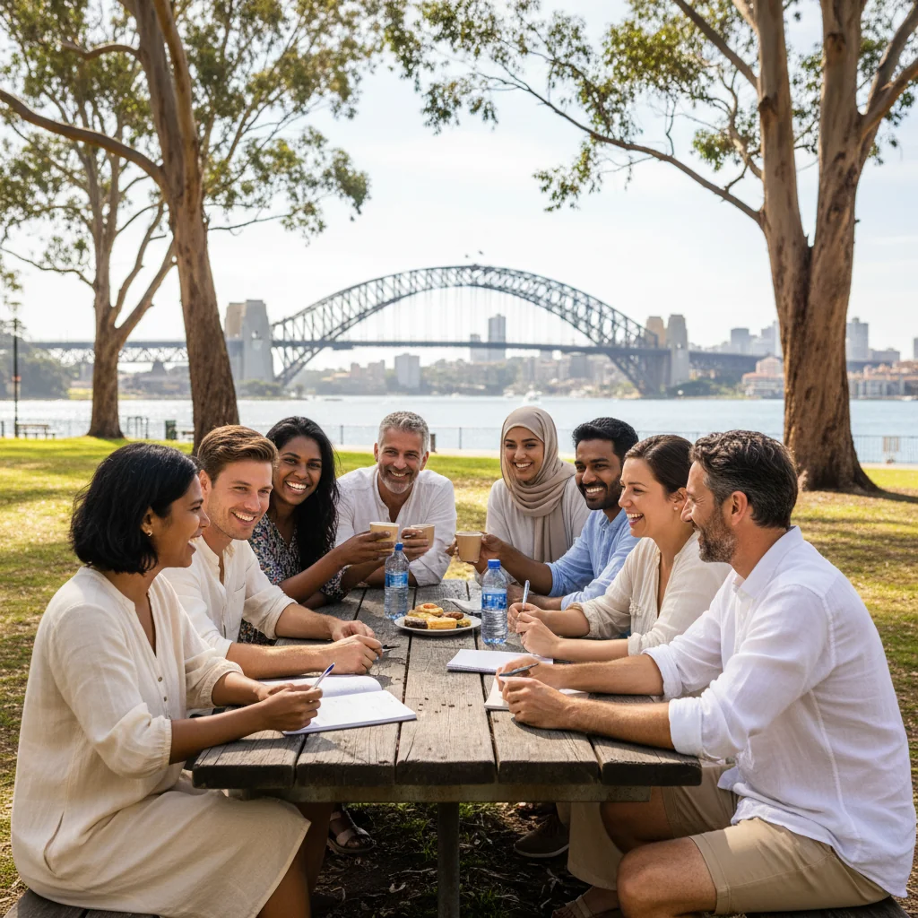 A photorealistic image depicting a diverse group of adults in an Australian community setting, such as people of various ages and backgrounds engaging in a friendly discussion around a table in a park or community center, symbolizing unity, guidelines, and community principles. The scene should evoke trust, cooperation, and inclusivity without any focus on documents.