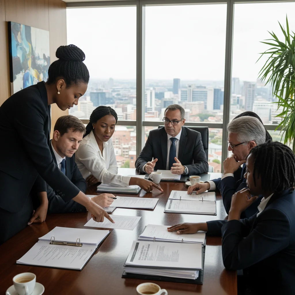 A photorealistic image of a diverse group of professional adults in a modern South African corporate office setting, engaged in a serious discussion about workplace ethics and code of conduct enforcement. The scene includes individuals of various ethnic backgrounds reviewing documents on a table, symbolizing legal implications of violations, with subtle South African elements like a flag or urban skyline in the background. No children are present.