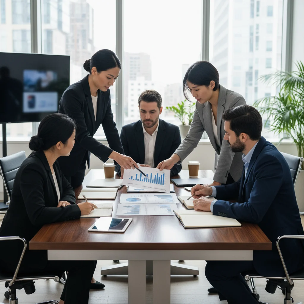 A photorealistic image of a professional business meeting in a modern office, where a diverse group of adults is collaboratively discussing and reviewing internal policies around a conference table, symbolizing the creation of an effective internal regulation document. The atmosphere is focused and productive, with no children present.