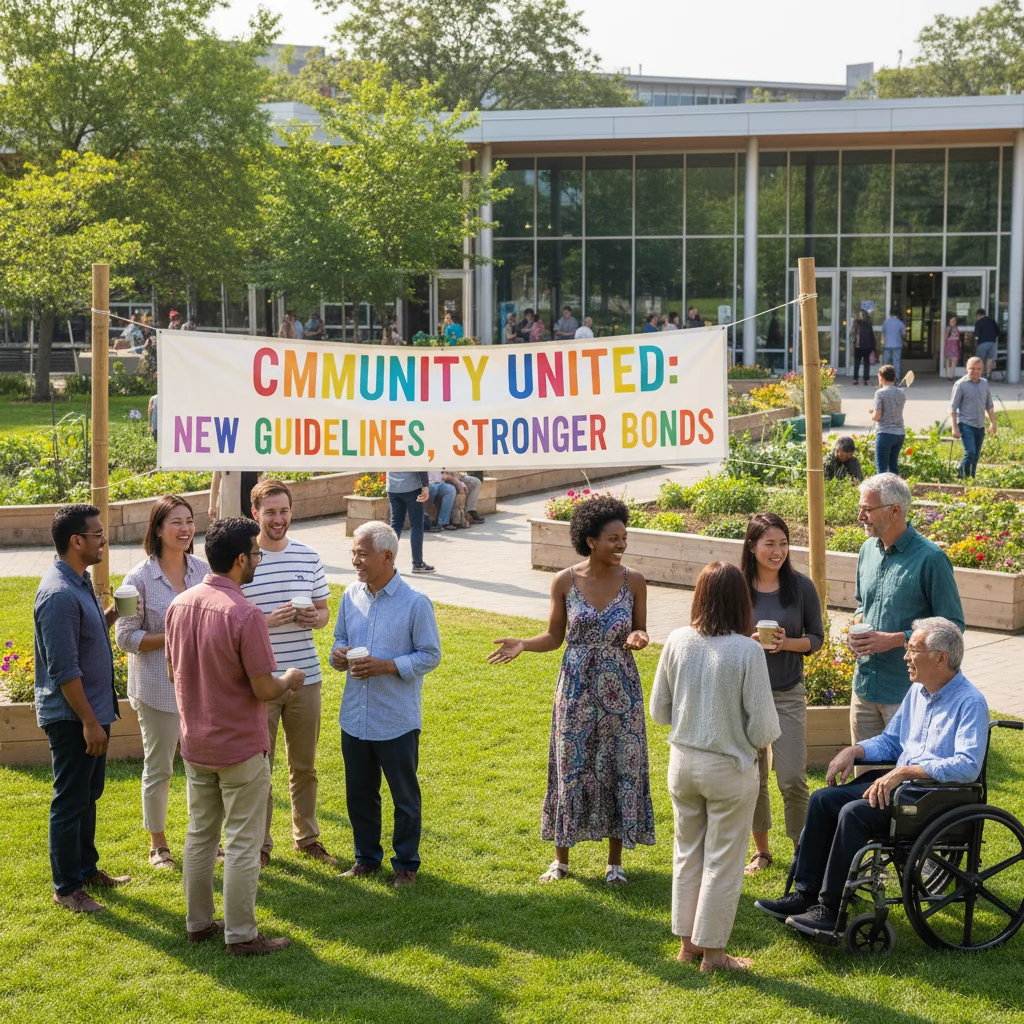 A photorealistic image depicting a diverse group of adults in a modern community setting, such as a public park or town hall meeting, engaging in positive discussions and interactions to symbolize the impact of community guideline updates on fostering a better society. No children are present. The scene shows people of various ages (all adults), backgrounds, and professions collaborating harmoniously, with subtle elements like shared documents or signs indicating community rules, but no focus on actual documents.