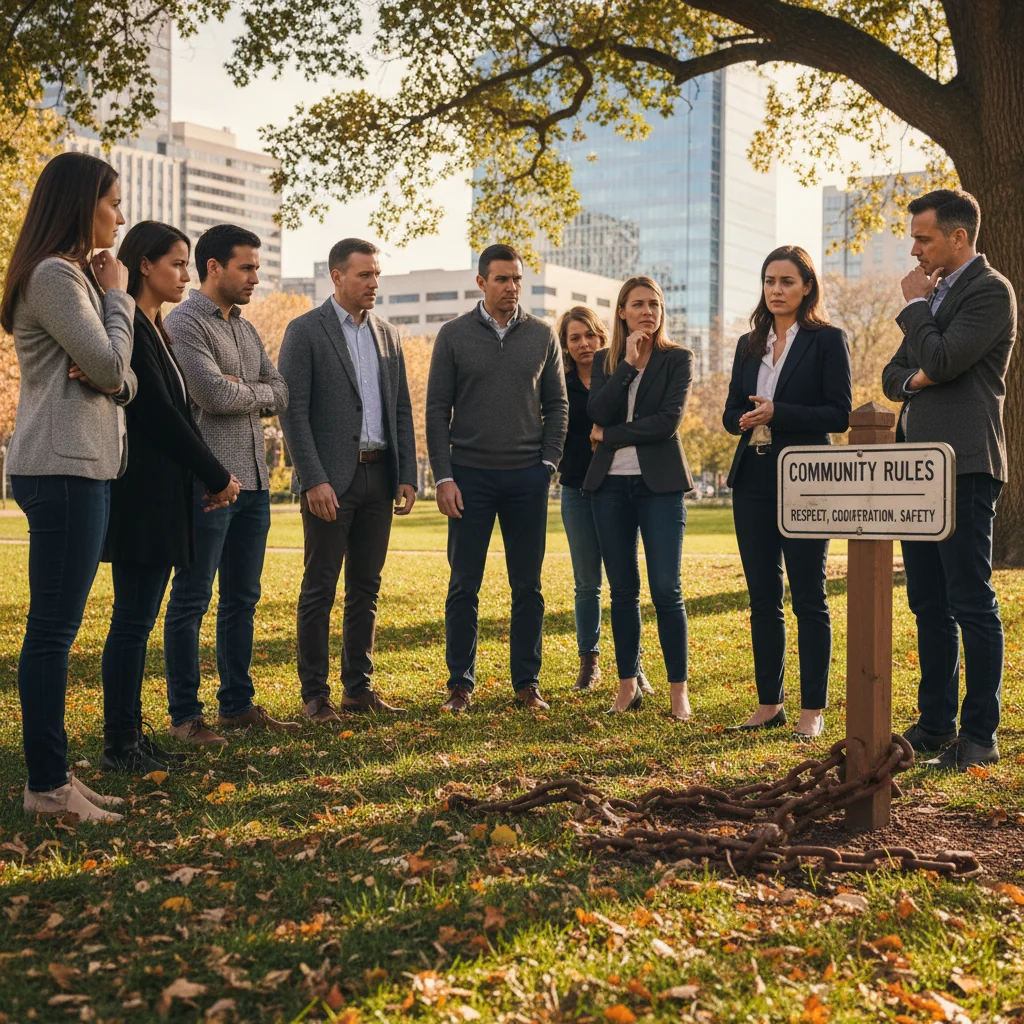 A photorealistic image depicting a diverse group of adults in a modern community setting, such as a neighborhood park or online forum meeting, looking concerned while discussing guidelines, with subtle elements like warning signs or a locked gate in the background to symbolize consequences and prevention of violating community rules, evoking a sense of caution and unity.