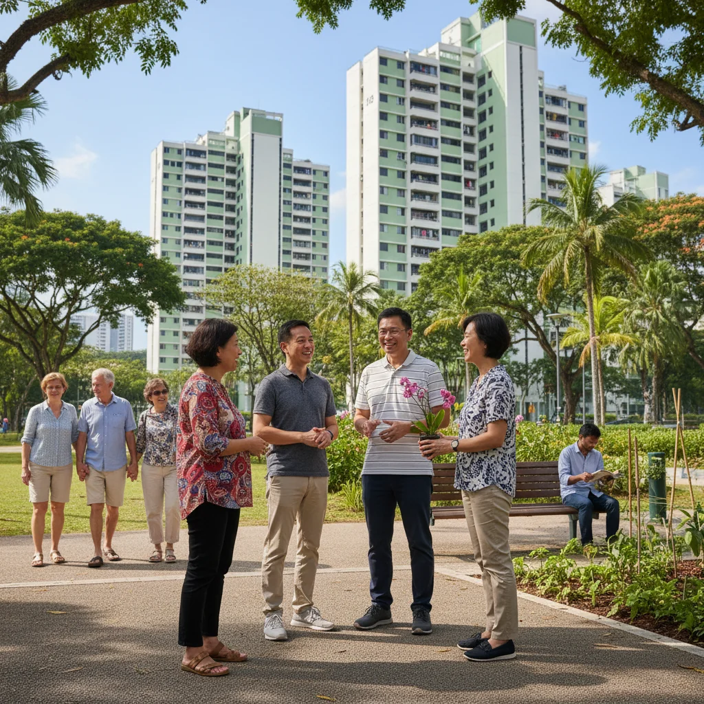A photorealistic image depicting diverse adults in a modern Singapore neighborhood, engaging in friendly community interactions such as neighbors chatting amicably while maintaining social harmony and respect for local rules, with iconic Singapore elements like HDB buildings and lush greenery in the background, symbolizing compliance with community guidelines.