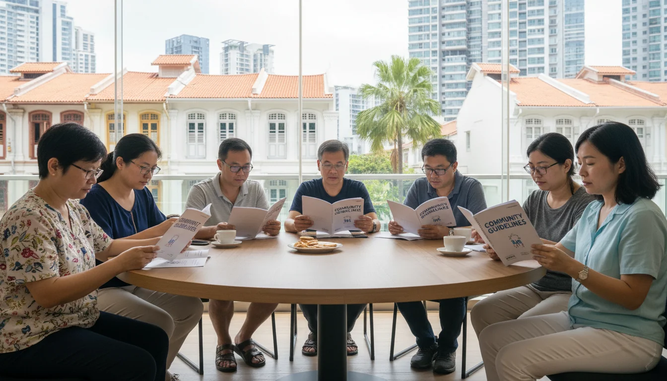 Diverse adults reading community rules.