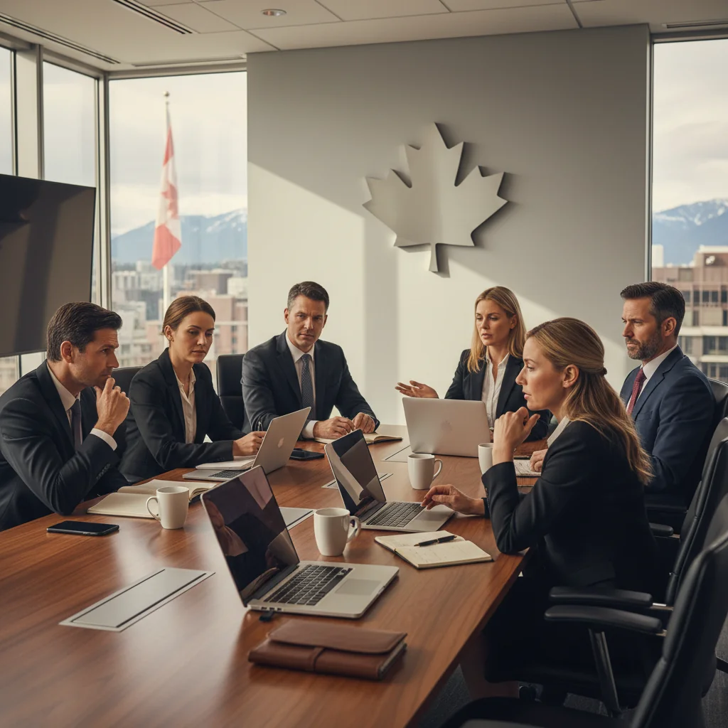 A photorealistic image of a professional business meeting in a modern Canadian office, featuring diverse adult professionals discussing legal agreements around a conference table with maple leaf motifs in the background, symbolizing enforceable terms of service for businesses.