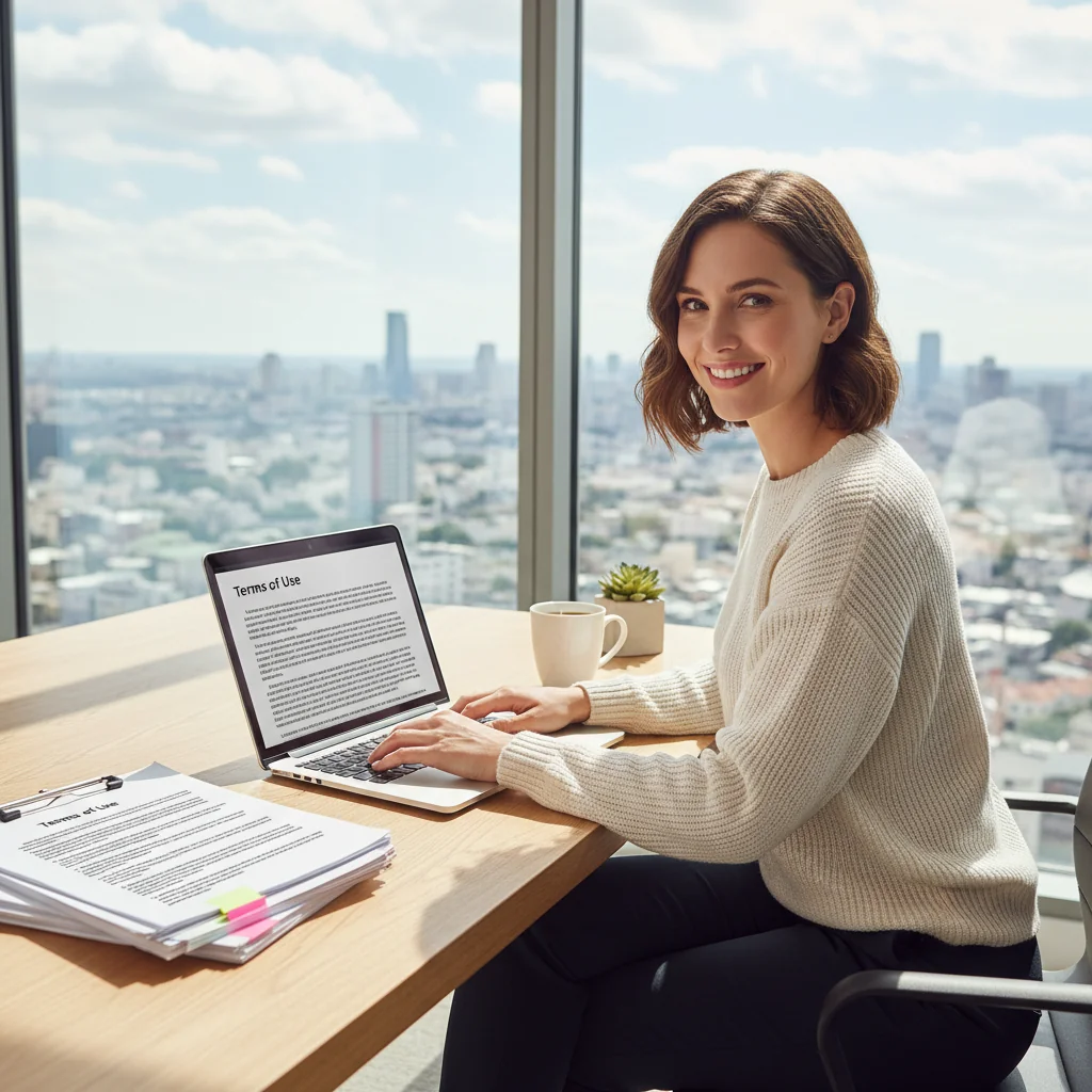 A photorealistic image of a professional woman in a modern office setting, confidently reviewing and signing important legal documents on her laptop, symbolizing the creation of effective website terms and conditions. The focus is on the empowering aspect of establishing clear online rules, with no children present.