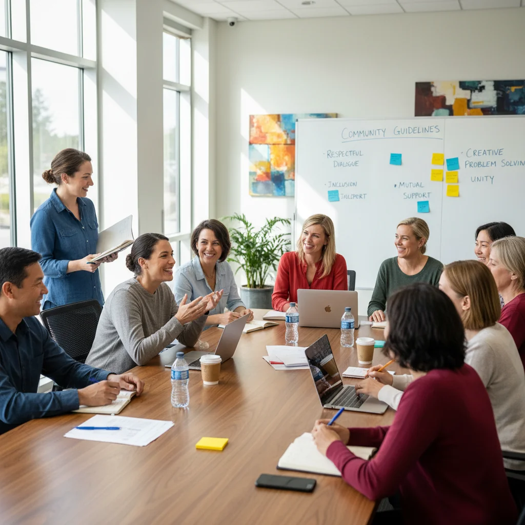 A photorealistic image depicting a diverse group of adults in a collaborative community meeting, engaged in discussion around a table with notes and ideas, symbolizing the creation and adherence to effective community guidelines.