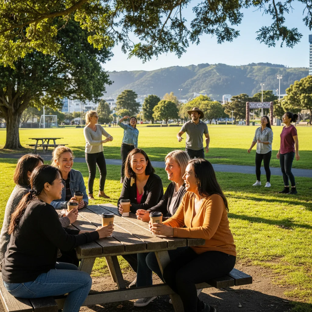 A photorealistic image depicting a diverse group of adults in a New Zealand urban park, engaging in positive community interactions such as chatting and sharing a picnic, symbolizing adherence to community guidelines. The scene is vibrant and harmonious, with iconic New Zealand elements like green hills in the background, emphasizing avoidance of violations through respectful social behavior. No children are present.