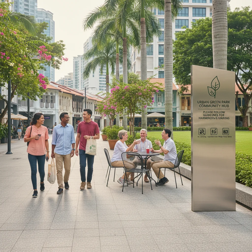 A photorealistic scene of diverse adults in a bustling Singapore public park, engaging in community activities like chatting and reading notices on a bulletin board, symbolizing the influence of community guidelines on everyday life, with iconic Singapore skyline in the background.