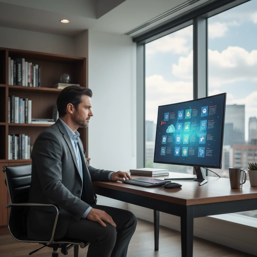 A photorealistic image of an adult professional sitting at a modern desk in an office, reviewing digital documents on a computer screen displaying icons of apps and services, with a thoughtful expression, symbolizing awareness of changes in digital service usage rules. The scene is bright and contemporary, emphasizing technology and information update without showing any corporate documents directly.