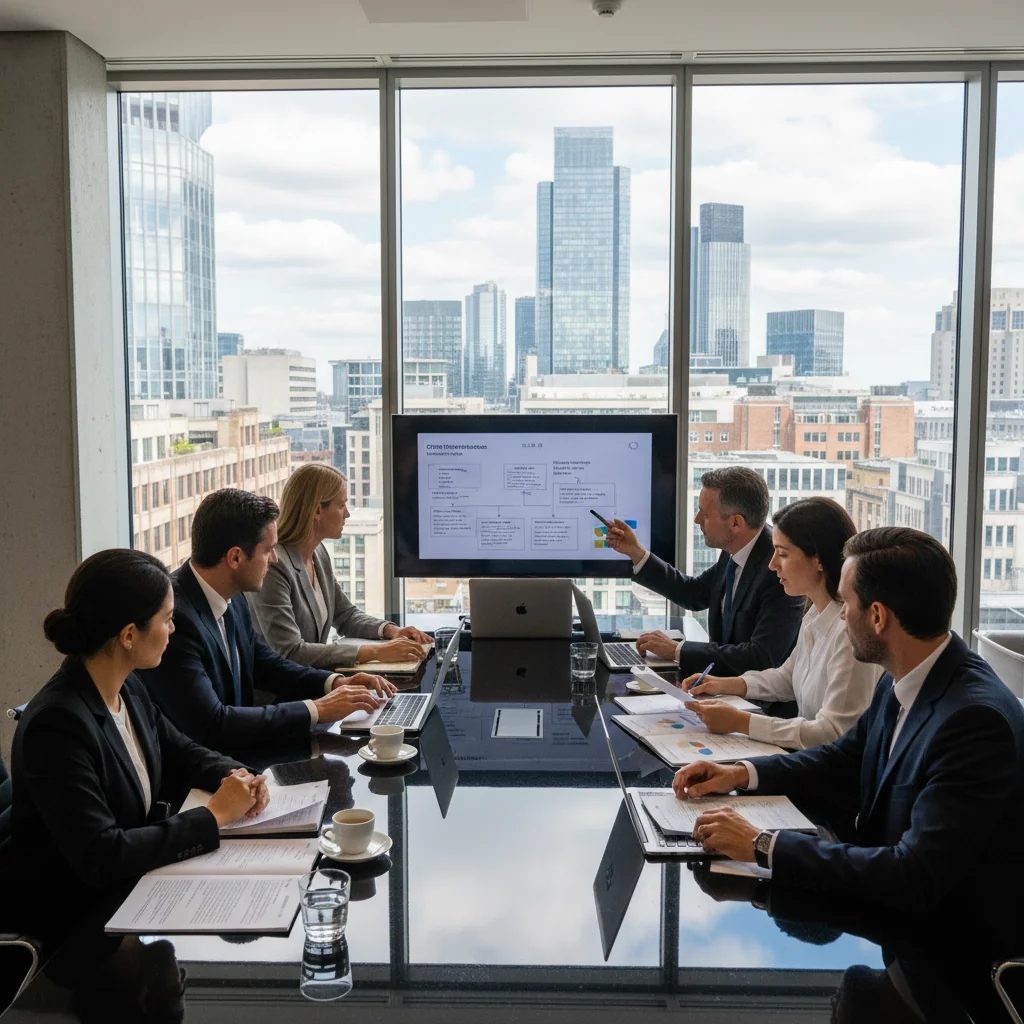 A photorealistic image of a professional business meeting in a modern UK office, with diverse adults discussing legal compliance documents around a conference table, symbolizing the importance of compliant terms of service for businesses. No children are present.