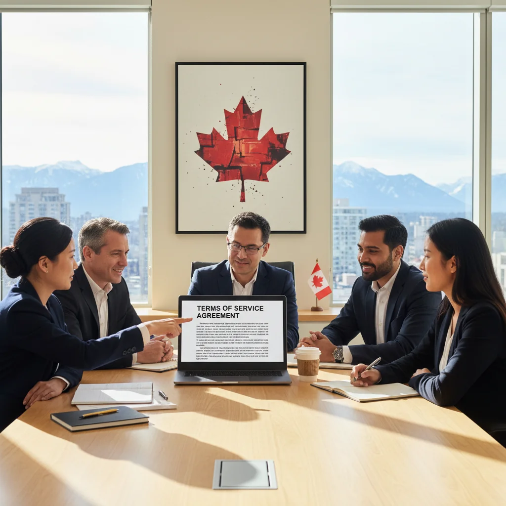 A photorealistic image of a diverse group of adults in a modern Canadian office setting, reviewing legal documents on laptops and discussing terms of service compliance, with subtle Canadian elements like a maple leaf in the background, evoking trust and professionalism in legal agreements.