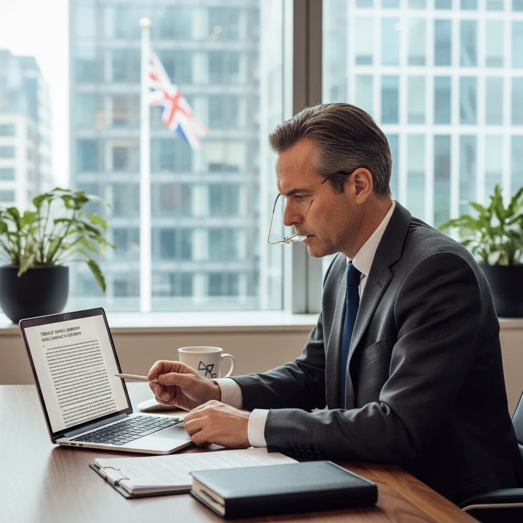 A photorealistic image of a professional adult sitting at a modern desk in an office, carefully reviewing a legal document on a computer screen, with subtle UK flag elements in the background to represent understanding terms of service agreements. The focus is on trust, clarity, and professionalism in digital contracts, no children present.