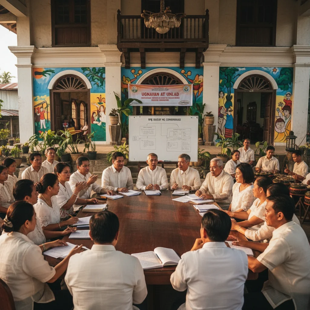 A photorealistic image depicting a diverse group of adults in a Philippine community setting, engaged in a collaborative discussion about guidelines, symbolizing understanding and application of community principles, with elements like a town hall or neighborhood meeting in the background, no children present.