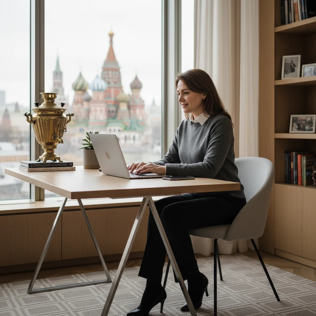 A photorealistic image of an adult professional woman sitting at a modern desk in a home office in Russia, confidently using a laptop to access online services, with subtle Russian cultural elements like a window view of a cityscape featuring landmarks such as the Kremlin in the background. The scene emphasizes safe and responsible digital interaction, with no documents or papers visible, focusing on the user experience.