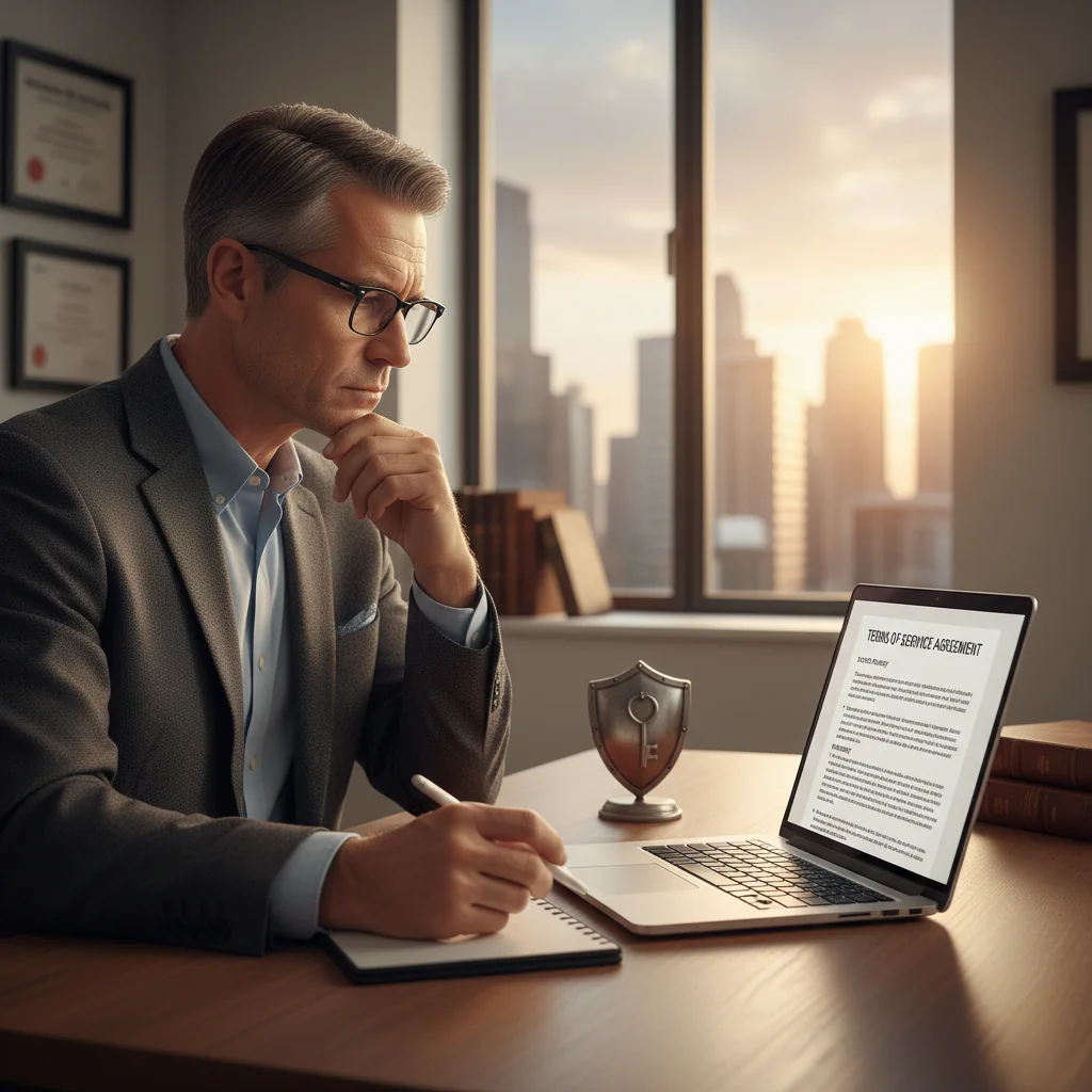 A photorealistic image of a professional adult person carefully reviewing a digital terms of service agreement on a laptop screen in a modern office setting, symbolizing the importance of understanding usage conditions. The focus is on the thoughtful expression and secure online interaction, with no documents or text prominently displayed. No children are present in the image.