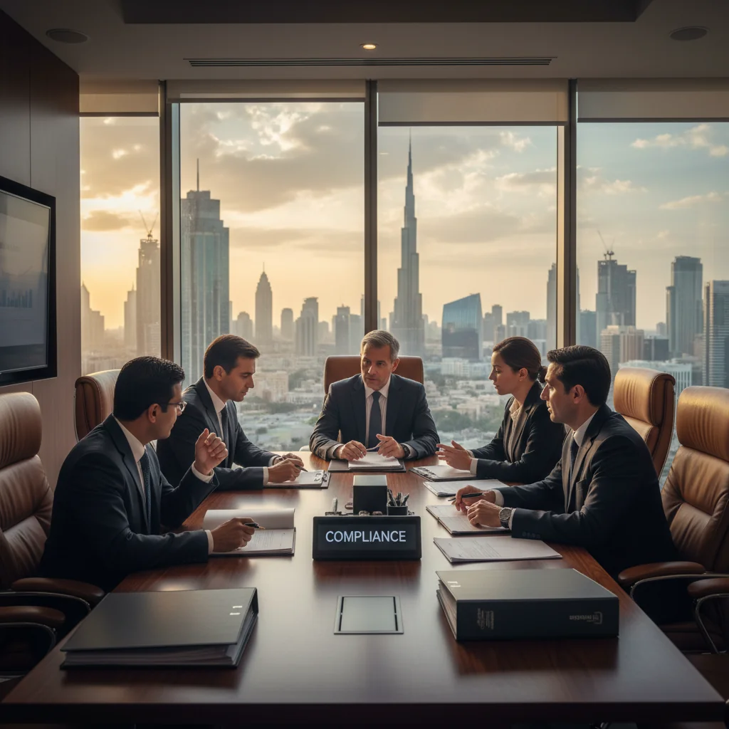 A photorealistic image of a diverse group of professional business people in a modern corporate office in Dubai, UAE, engaging in a collaborative meeting around a conference table with city skyline view, symbolizing the structured guidelines and community standards in UAE corporate practices.