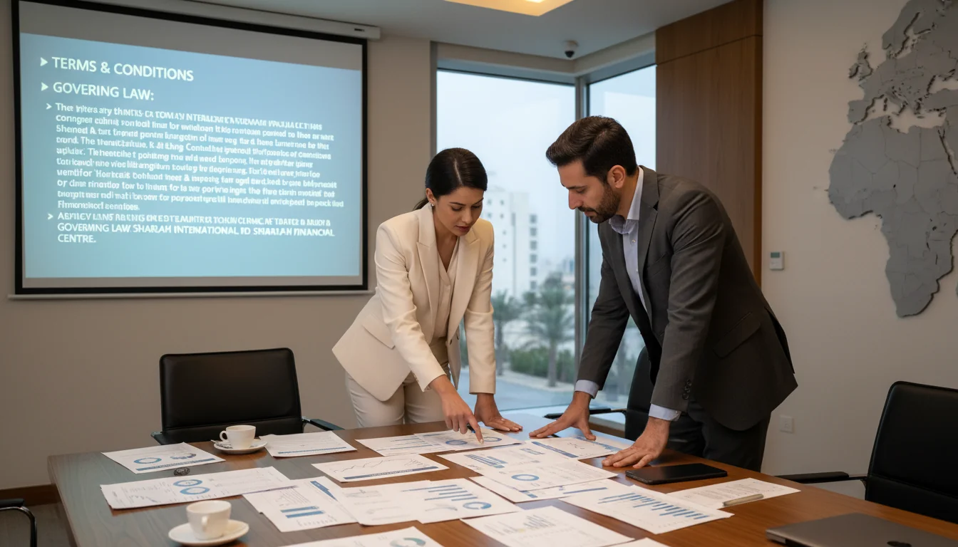 Business meeting discussing UAE docs