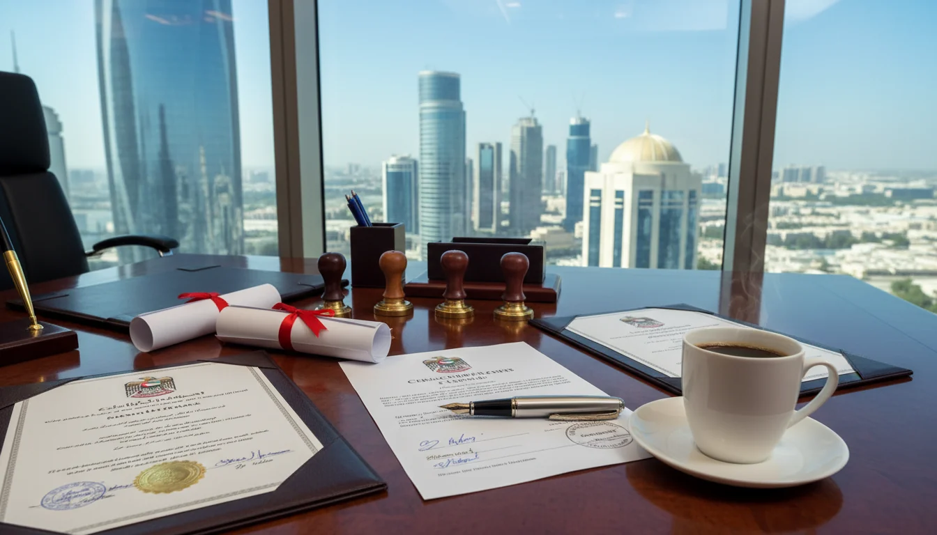 UAE corporate documents on executive desk