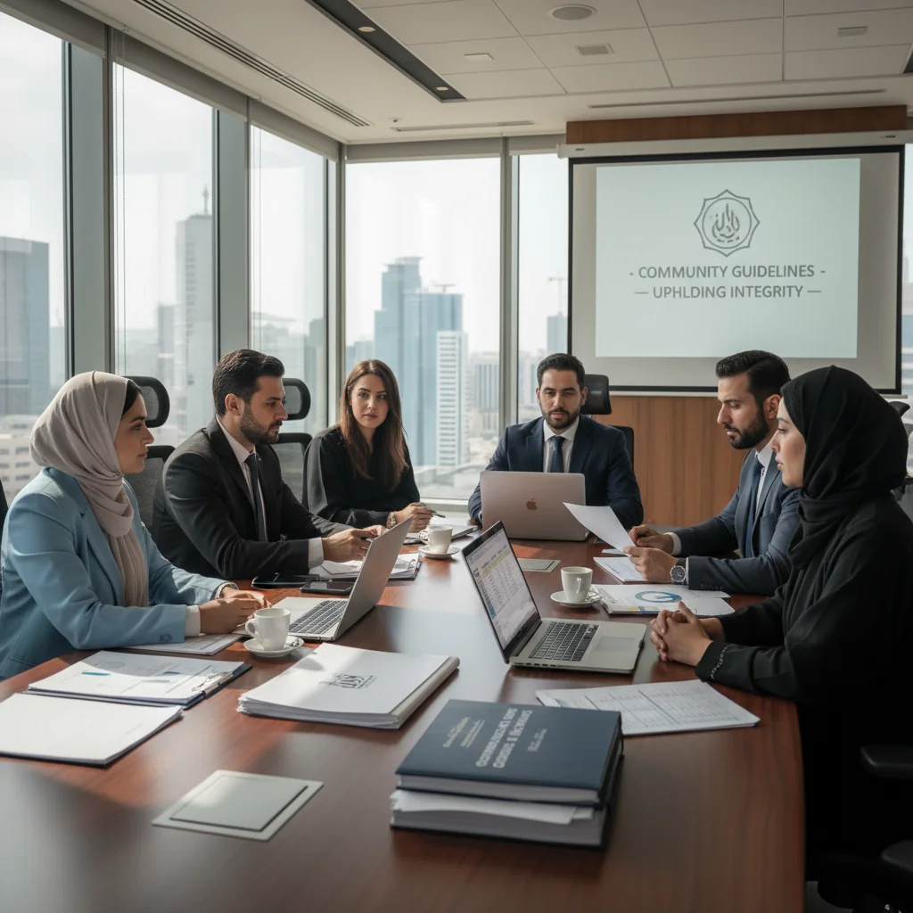 A photorealistic image of a professional business meeting in a modern Saudi Arabian corporate office, with diverse adult professionals discussing documents around a conference table, symbolizing the importance of community guidelines in corporate practices, no children present.